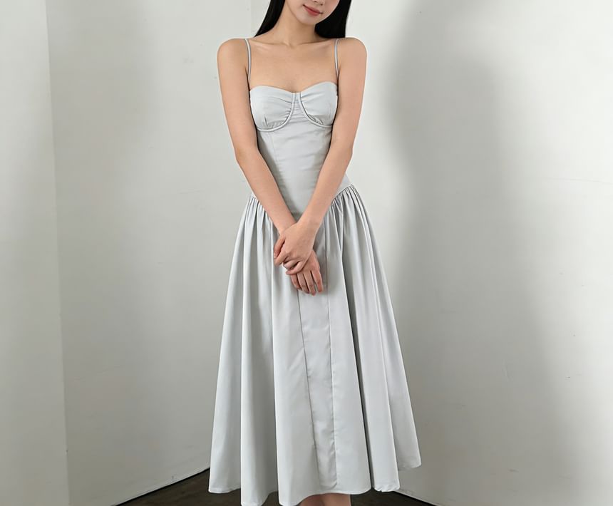 [S] Spaghetti Strap Plain Midi A-Line Dress