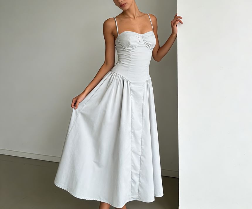 [S] Spaghetti Strap Plain Midi A-Line Dress