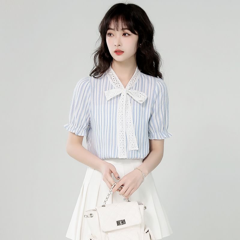 Puff-Sleeve Tie-Neck Shadow Stripe Lace Trim Shirt