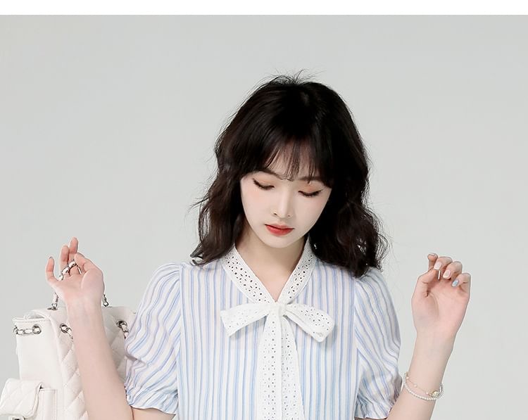 Puff-Sleeve Tie-Neck Shadow Stripe Lace Trim Shirt