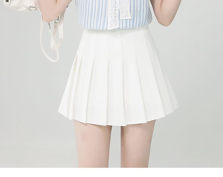 Puff-Sleeve Tie-Neck Shadow Stripe Lace Trim Shirt