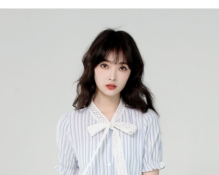 Puff-Sleeve Tie-Neck Shadow Stripe Lace Trim Shirt