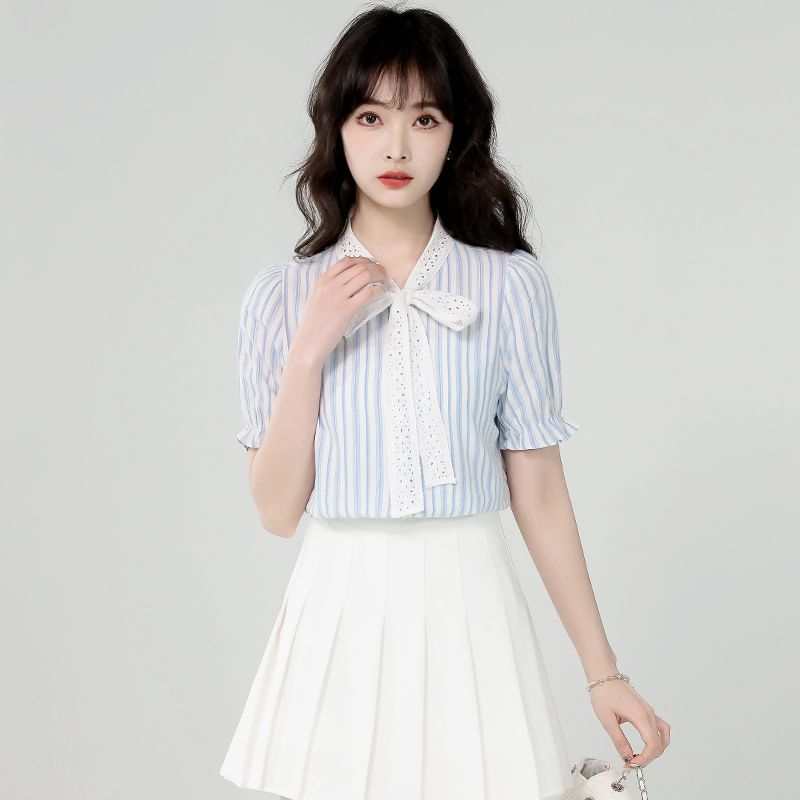 Puff-Sleeve Tie-Neck Shadow Stripe Lace Trim Shirt