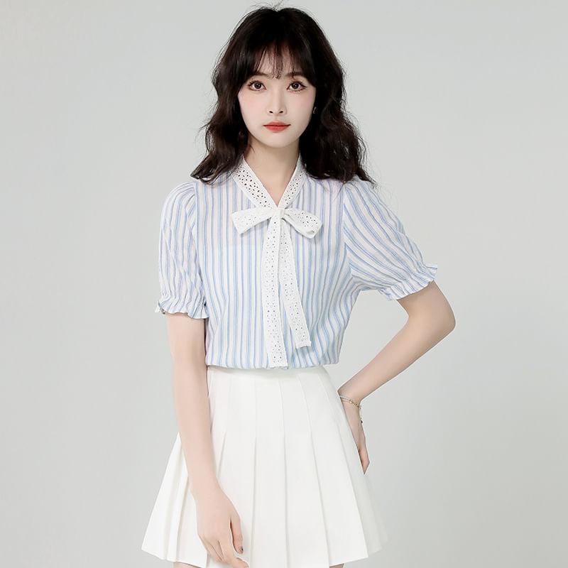 Puff-Sleeve Tie-Neck Shadow Stripe Lace Trim Shirt