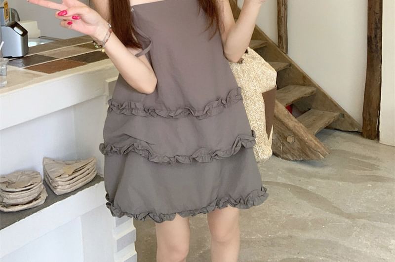 Set: Spaghetti Strap Plain Ruffle Trim Mini A-Line Dress + Mid Rise Shorts