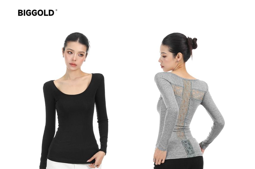 Long-Sleeve Scoop Neck Lace Panel Slim Fit T-Shirt