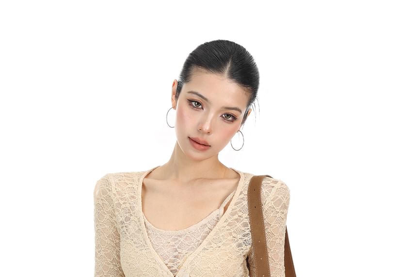 Mock Two-Piece Long-Sleeve V-Neck Button-Up Slit Lace Long Top