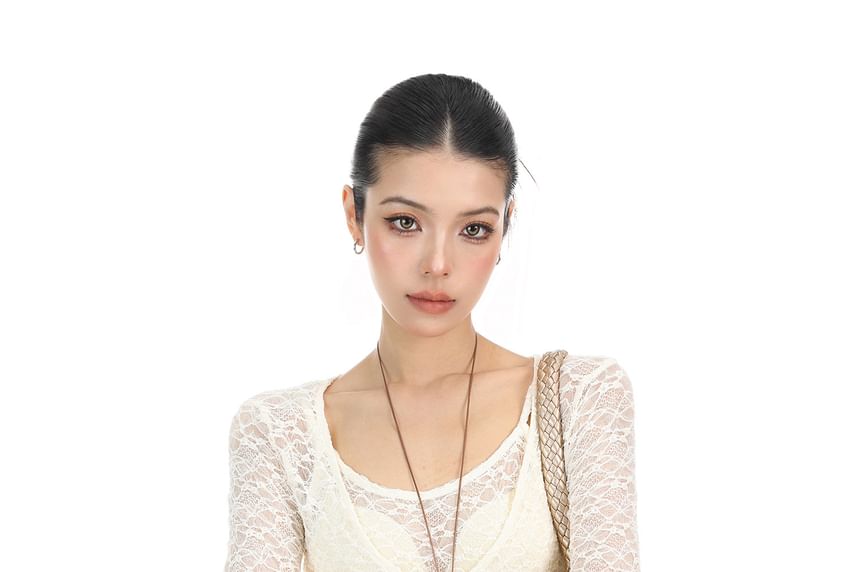Mock Two-Piece Long-Sleeve V-Neck Button-Up Slit Lace Long Top