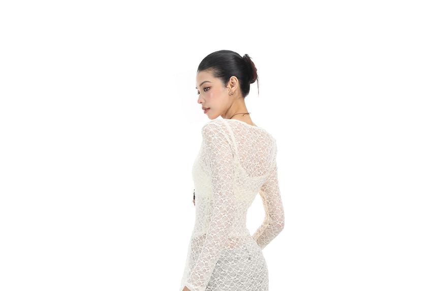 Mock Two-Piece Long-Sleeve V-Neck Button-Up Slit Lace Long Top