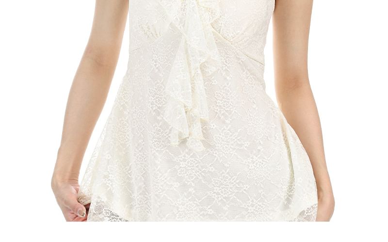 Halter V-Neck Ruffle Trim Open Back Lace Top