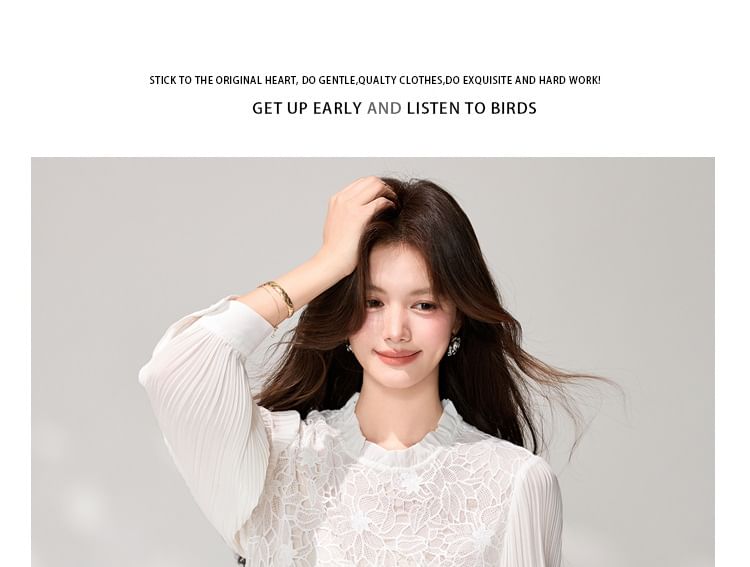 Long-Sleeve Lace Panel Ruffle Collar Blouse