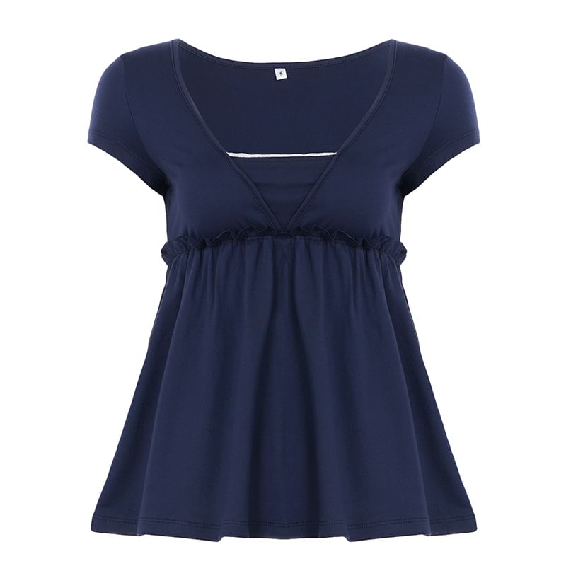 Short Sleeve Mock Two Piece Lace-Trim Ruffled A-Line T-Shirt
