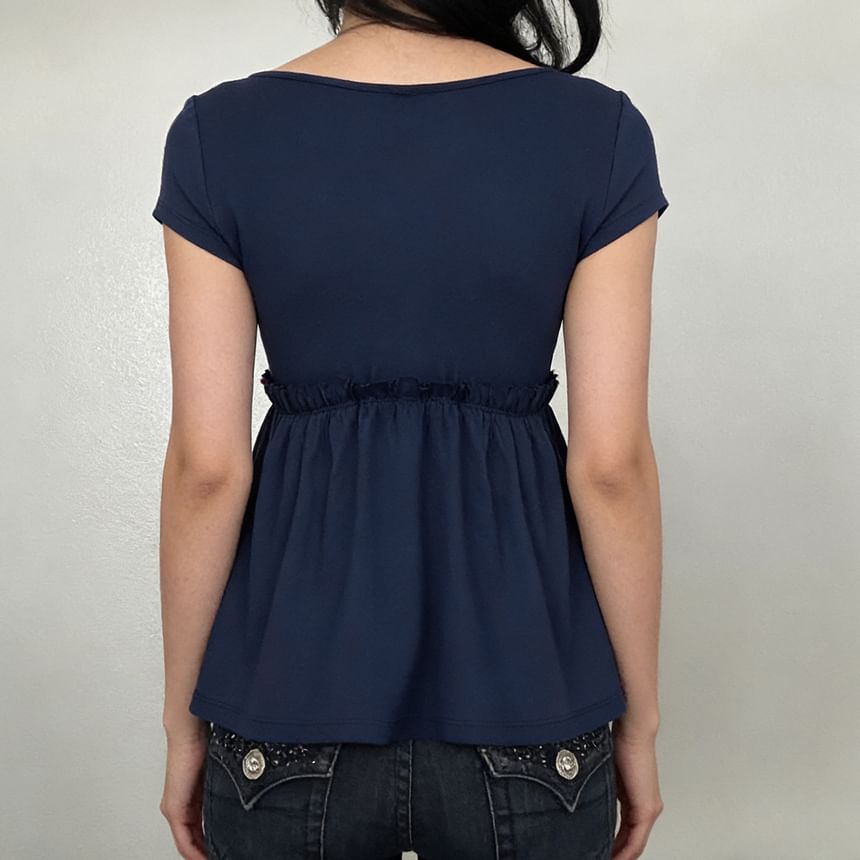 Short Sleeve Mock Two Piece Lace-Trim Ruffled A-Line T-Shirt
