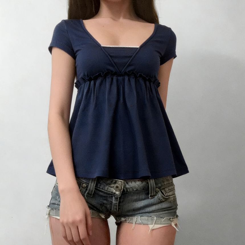 Short Sleeve Mock Two Piece Lace-Trim Ruffled A-Line T-Shirt