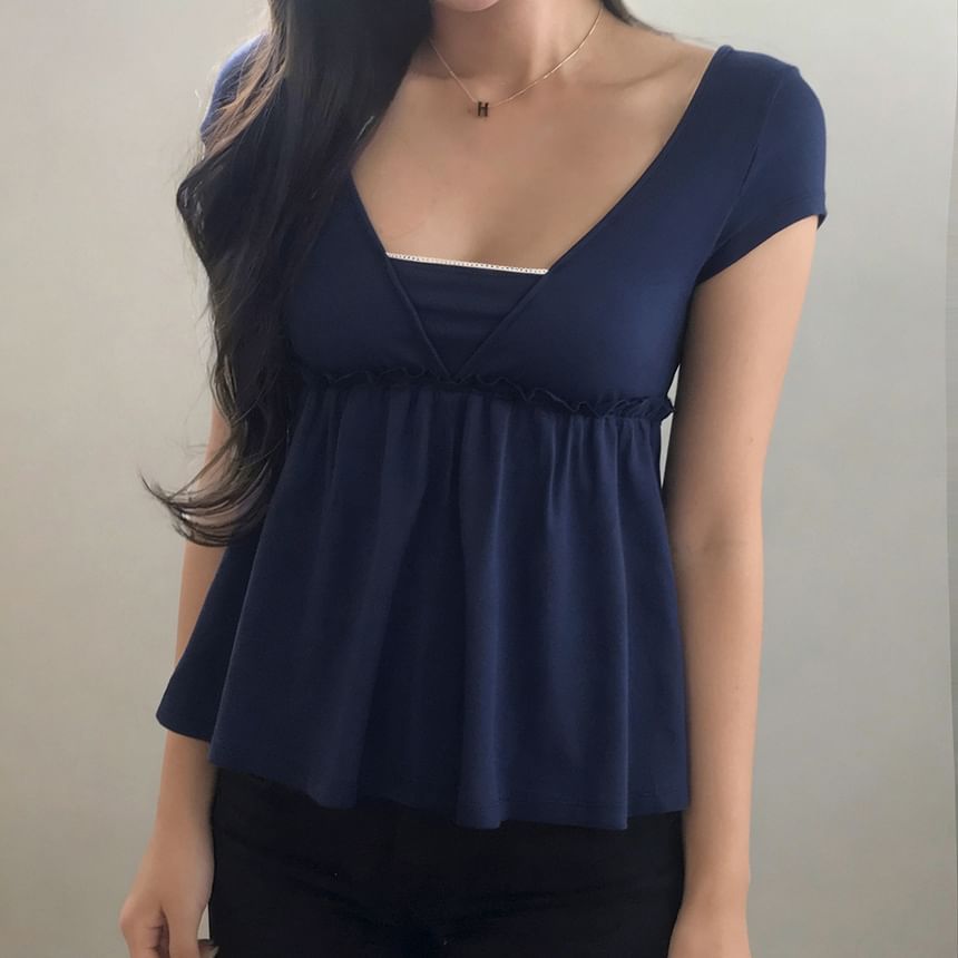 Short Sleeve Mock Two Piece Lace-Trim Ruffled A-Line T-Shirt