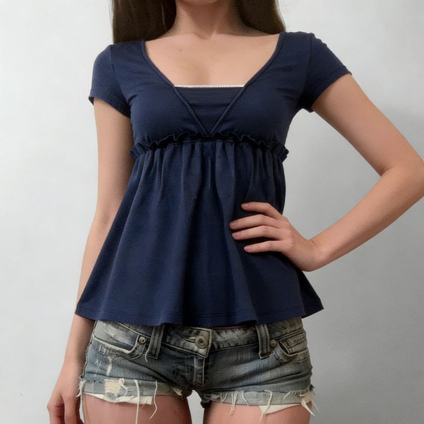 Short Sleeve Mock Two Piece Lace-Trim Ruffled A-Line T-Shirt