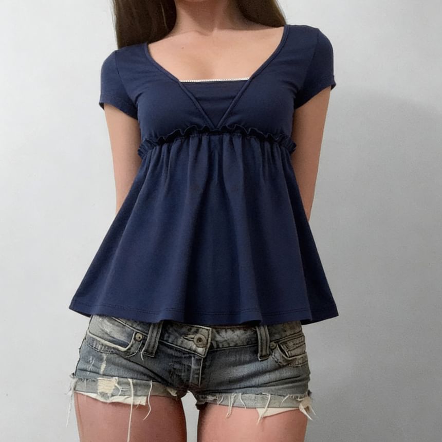 Short Sleeve Mock Two Piece Lace-Trim Ruffled A-Line T-Shirt