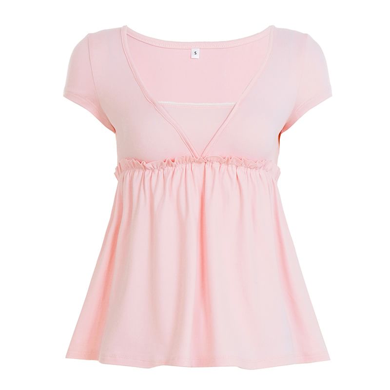 Short Sleeve Mock Two Piece Lace-Trim Ruffled A-Line T-Shirt