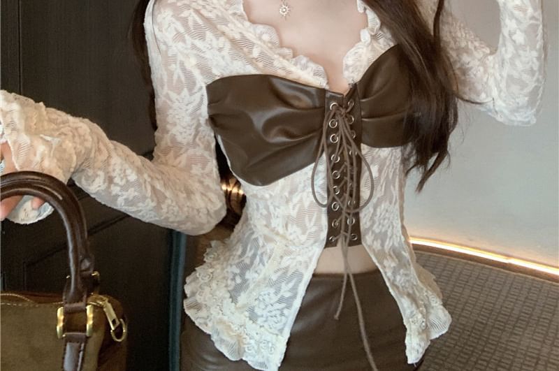 Long-Sleeve V-Neck Faux Leather Panel Lace Top
