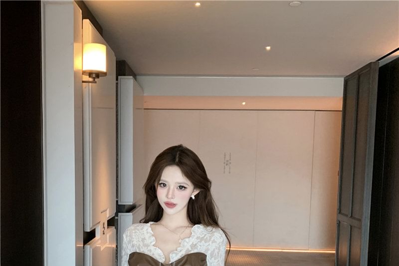 Long-Sleeve V-Neck Faux Leather Panel Lace Top