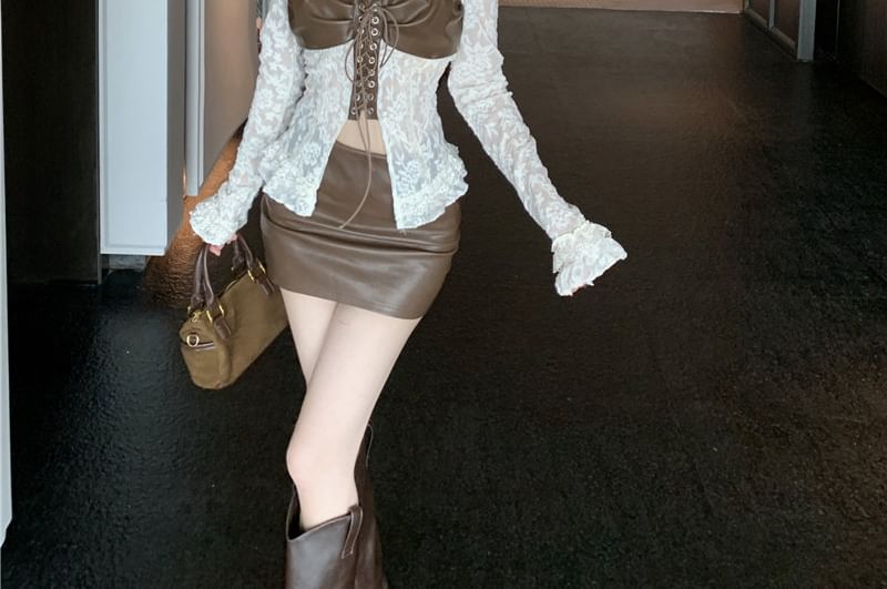 Long-Sleeve V-Neck Faux Leather Panel Lace Top