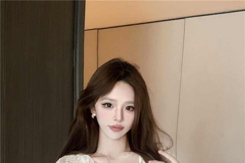 Long-Sleeve V-Neck Faux Leather Panel Lace Top