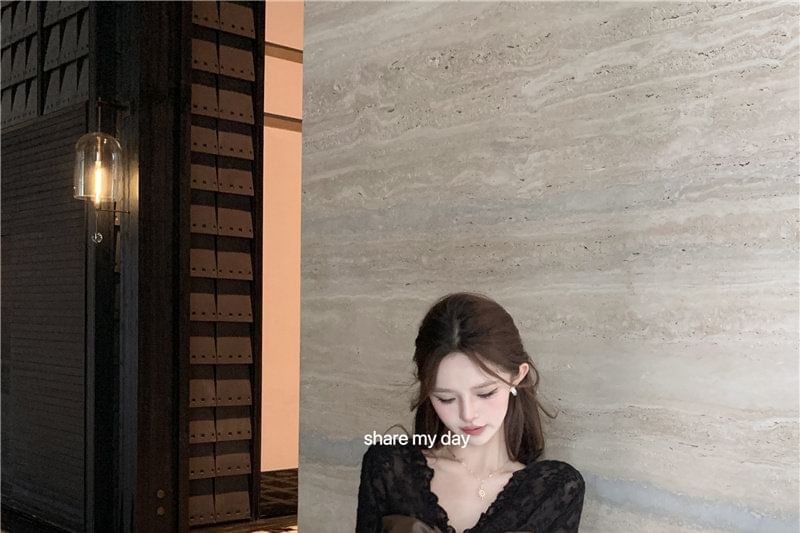 Long-Sleeve V-Neck Faux Leather Panel Lace Top