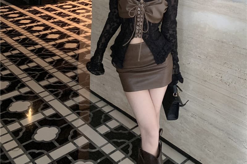 Long-Sleeve V-Neck Faux Leather Panel Lace Top