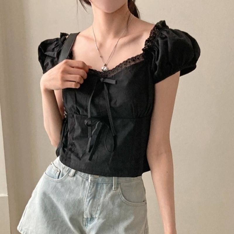 Short-Sleeve V-Neck Plain Lace Trim Blouse