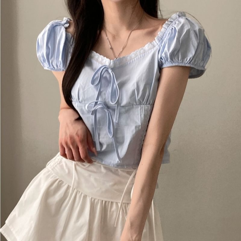 Short-Sleeve V-Neck Plain Lace Trim Blouse