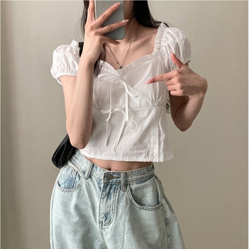 Short-Sleeve V-Neck Plain Lace Trim Blouse