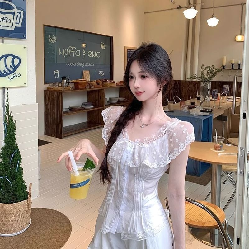Cap-Sleeve Crewneck Lace Blouse