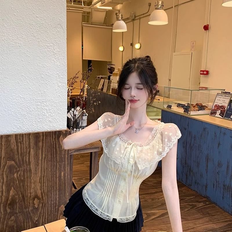 Cap-Sleeve Crewneck Lace Blouse