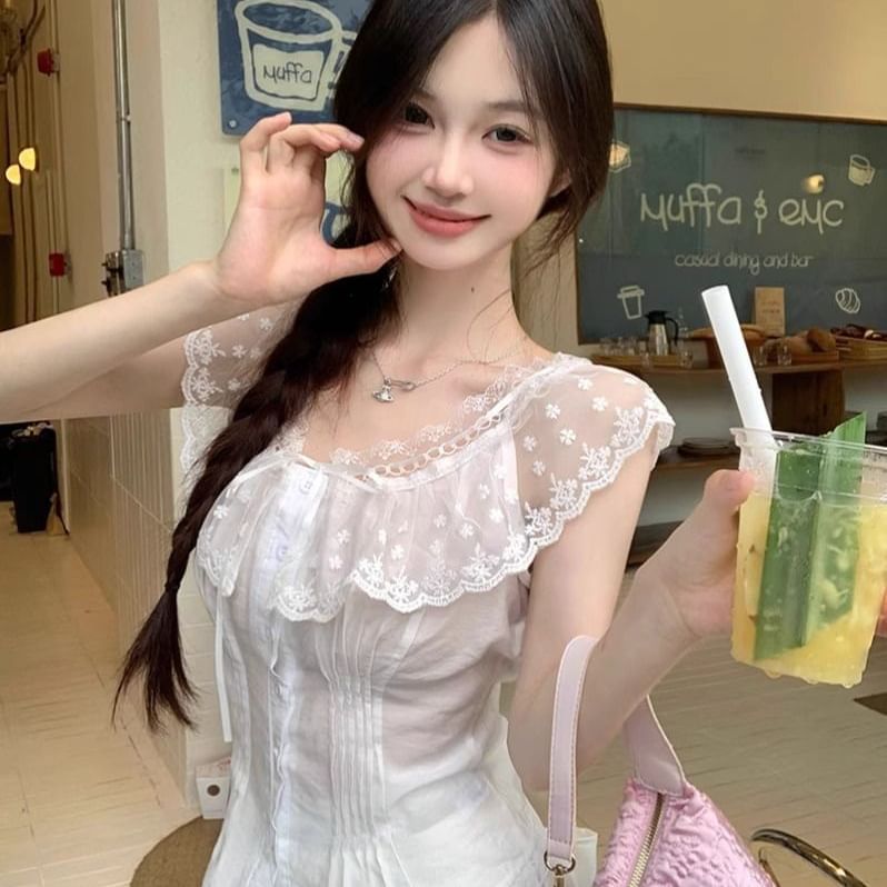 Cap-Sleeve Crewneck Lace Blouse