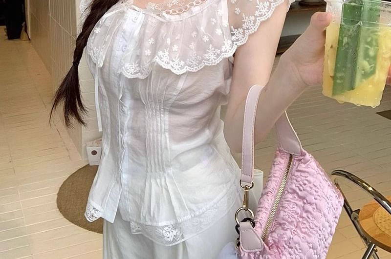 Cap-Sleeve Crewneck Lace Blouse