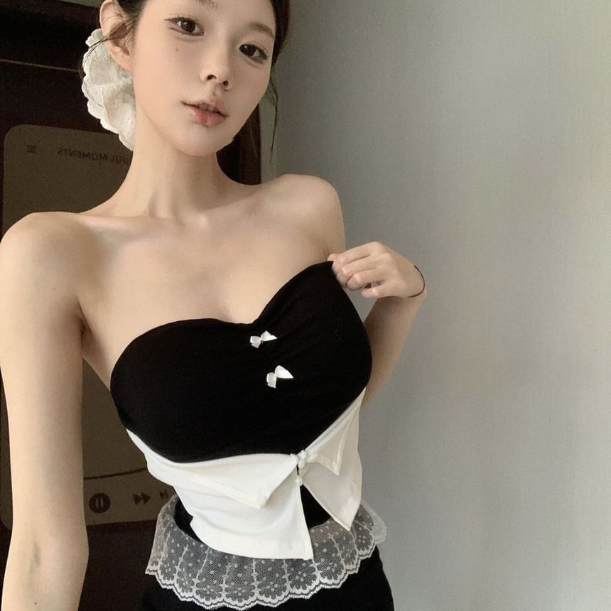 Strapless Lace Ruffle Crop Top