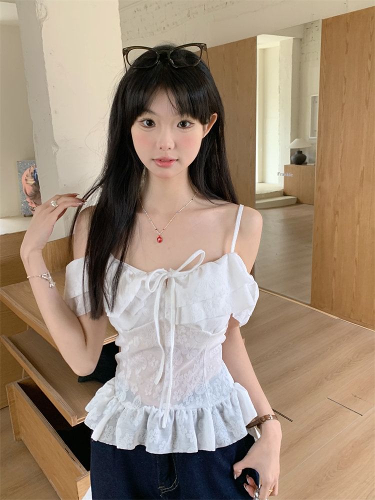 Short-Sleeve Cold Shoulder Lace Crop Top