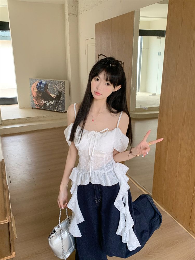 Short-Sleeve Cold Shoulder Lace Crop Top