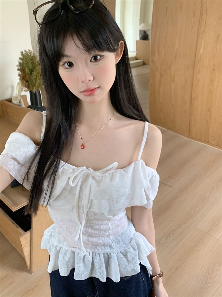 Short-Sleeve Cold Shoulder Lace Crop Top