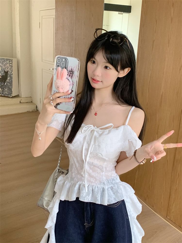 Short-Sleeve Cold Shoulder Lace Crop Top