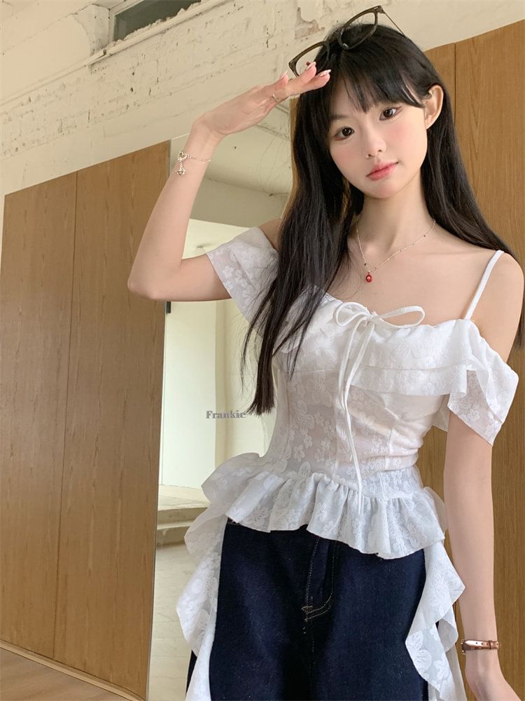 Short-Sleeve Cold Shoulder Lace Crop Top