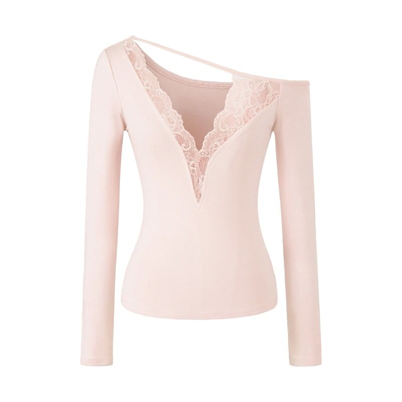 One-Shoulder  Long-Sleeve V-Neck Lace Trim T-Shirt