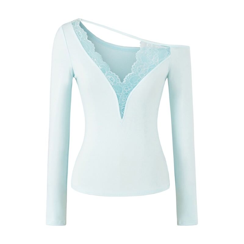 One-Shoulder  Long-Sleeve V-Neck Lace Trim T-Shirt