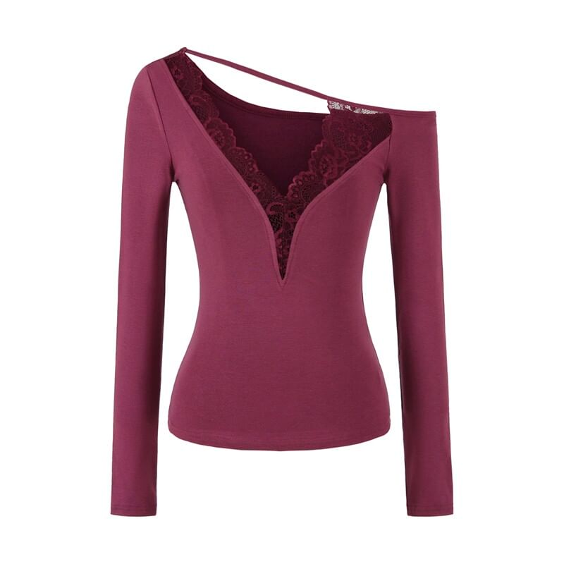 One-Shoulder  Long-Sleeve V-Neck Lace Trim T-Shirt