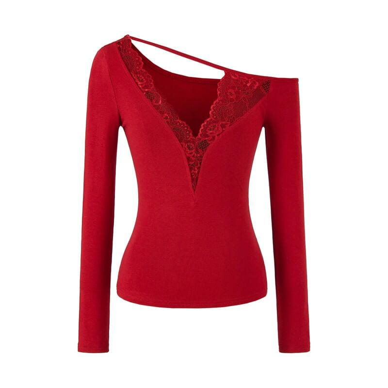 One-Shoulder  Long-Sleeve V-Neck Lace Trim T-Shirt