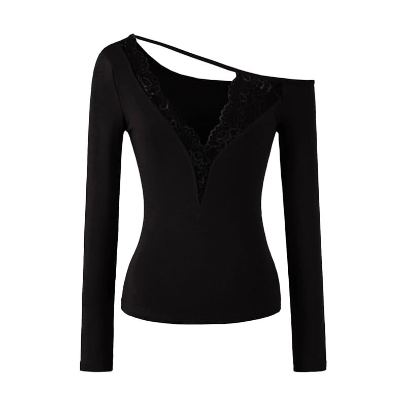 One-Shoulder  Long-Sleeve V-Neck Lace Trim T-Shirt