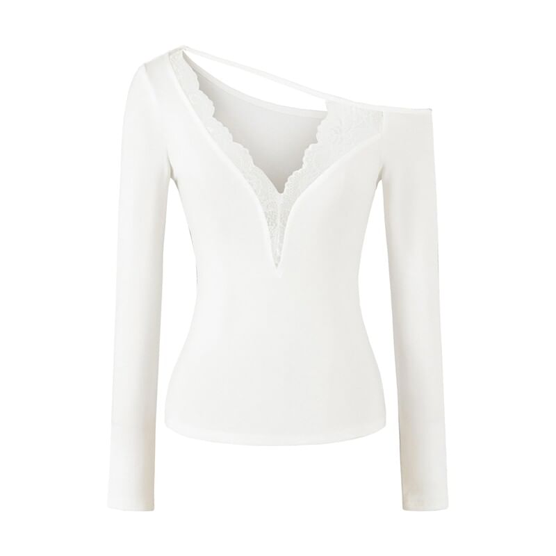 One-Shoulder  Long-Sleeve V-Neck Lace Trim T-Shirt