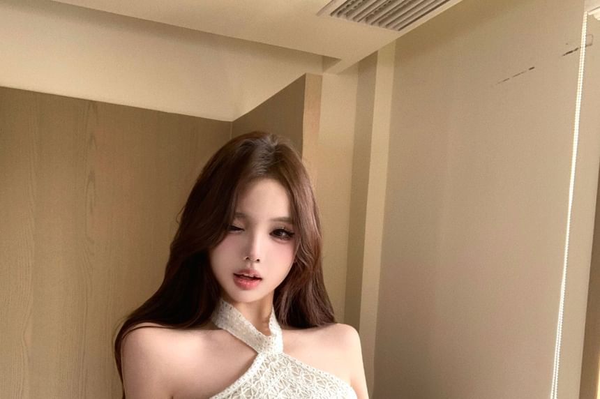 Halter Neck Lace Crop Top / Mini Pencil Skirt