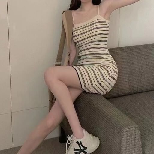 Spaghetti Strap Striped Ribbed Mini Bodycon Dress