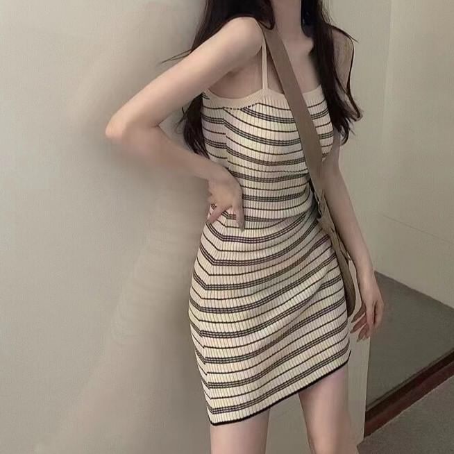 Spaghetti Strap Striped Ribbed Mini Bodycon Dress